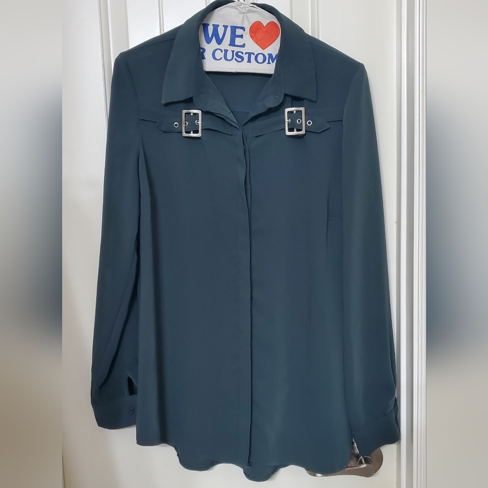 Milla Frosted Forest Green Blouse with Buckle Accents